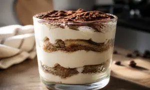 Un délicieux tiramisu maison en verrine, avec des couches de biscuits imbibés et de crème onctueuse, saupoudré de cacao.