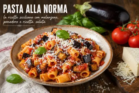 Un plat de pâtes à la norma, garni de morceaux d'aubergine frite, de sauce tomate et de ricotta salata râpée, avec des ingrédients frais en arrière-plan.