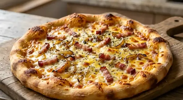 Une délicieuse pizza carbonara, garnie de lardons croustillants, d'oignons caramélisés et de fromage fondant, sur une planche en bois.