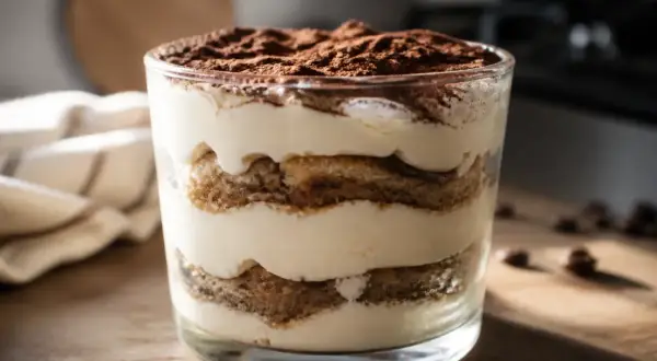 Un tiramisu en verrine, joliment stratifié, avec une crème mascarpone onctueuse. Parfait pour récupérer une crème mascarpone trop liquide et la transformer en délice !