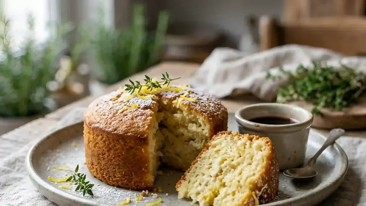 Un gâteau à la ricotta sicilien, saupoudré de sucre glace et décoré de zestes de citron et de thym, est servi avec une petite tasse de café.