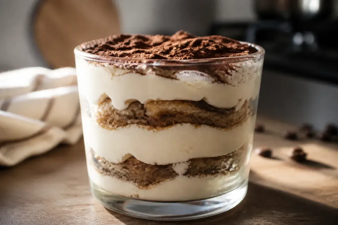Un tiramisu en verrine, joliment stratifié, avec une crème mascarpone onctueuse. Parfait pour récupérer une crème mascarpone trop liquide et la transformer en délice !