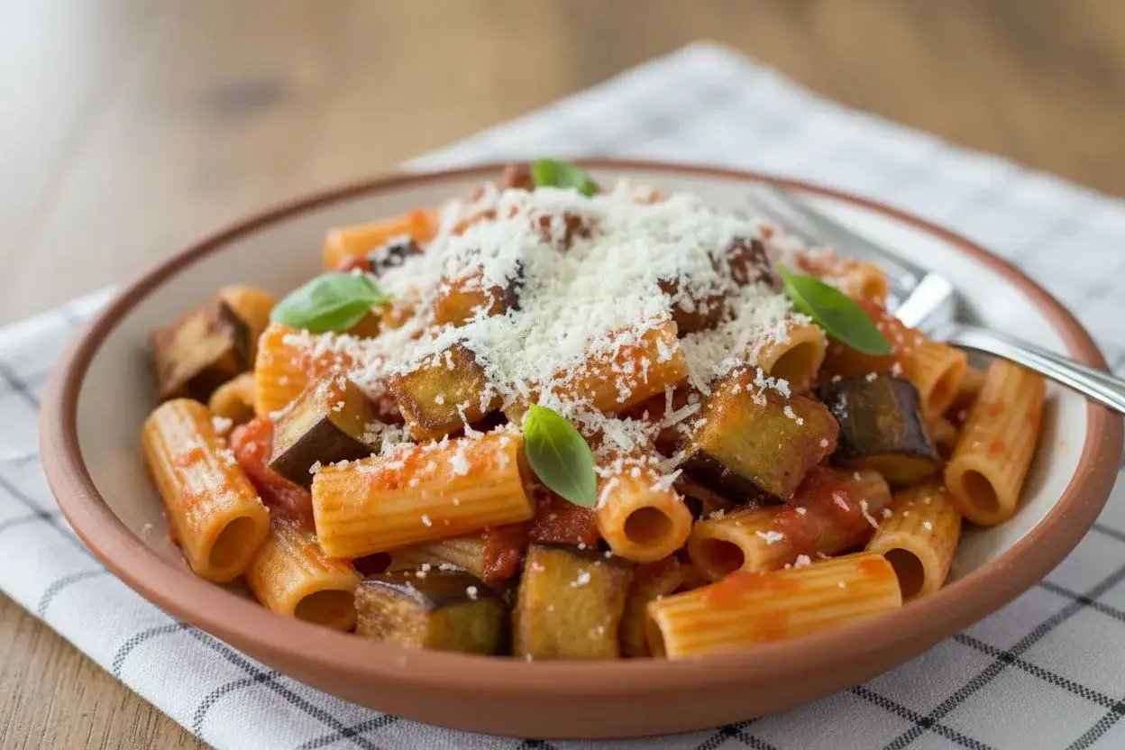 Un plat de pâtes alla norma, avec des rigatoni, des dés d'aubergine frite, une sauce tomate et du parmesan râpé, garni de feuilles de basilic frais.