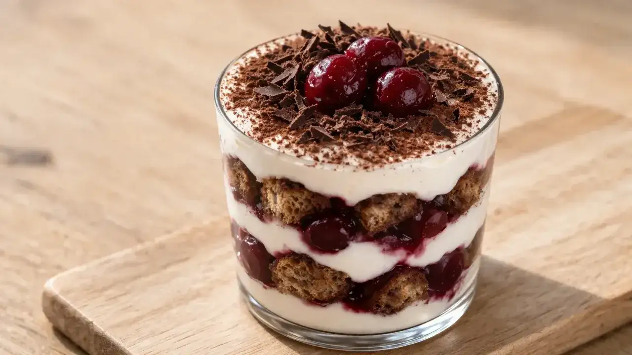 Tiramisu aux cerises dans un verre, garni de copeaux de chocolat et de cerises. Savourez-le après avoir déterminé combien de temps laisser reposer un tiramisu au frigo.
