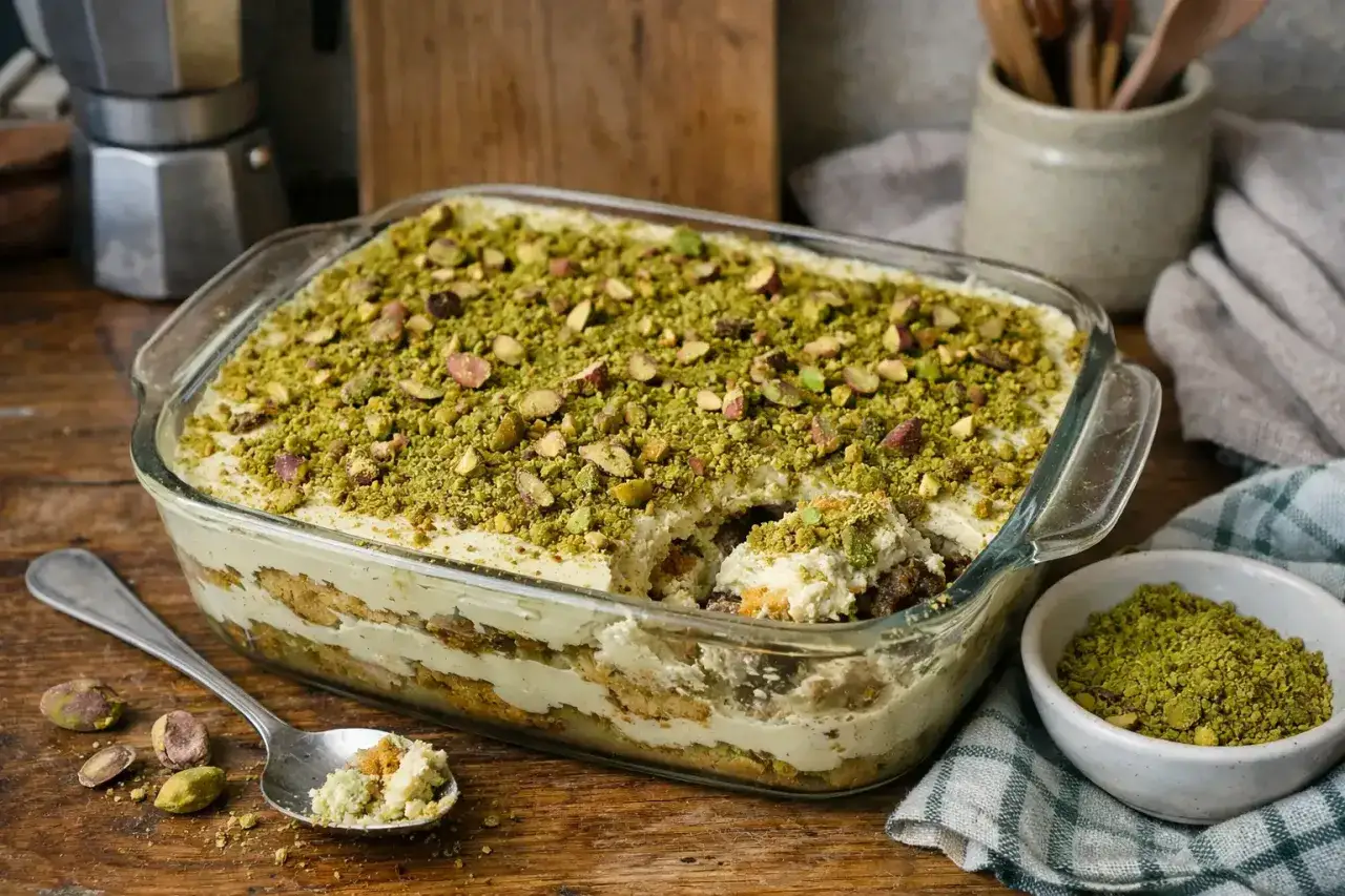 Un délicieux tiramisu pistache, généreusement saupoudré de pistaches concassées, prêt à être dégusté.