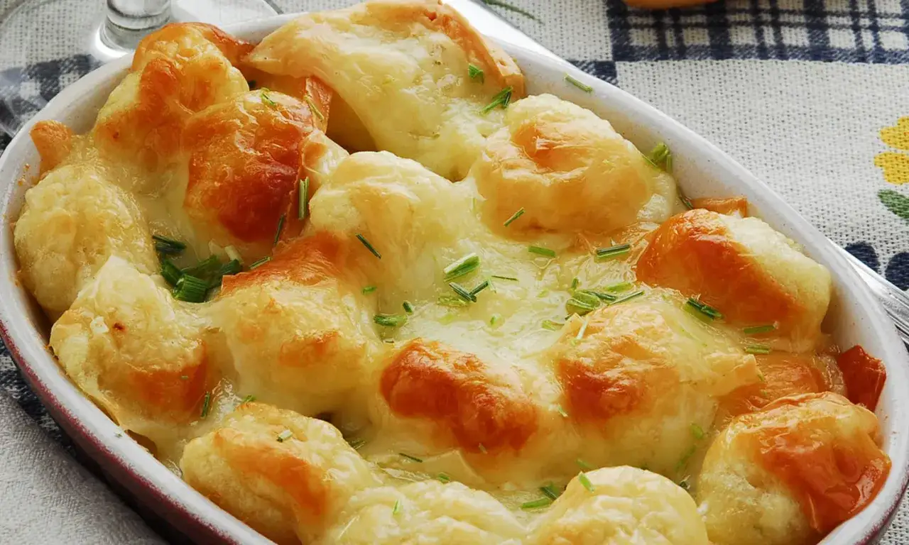 Gnocchis dorés et fondants, une délicieuse pâte italienne à base de pomme de terre, gratinée au fromage et parsemée de ciboulette.