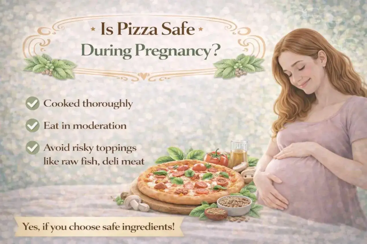 Une femme enceinte savoure une pizza, avec des conseils pour une pizza enceinte sûre : bien cuite, modérée, sans garnitures risquées.