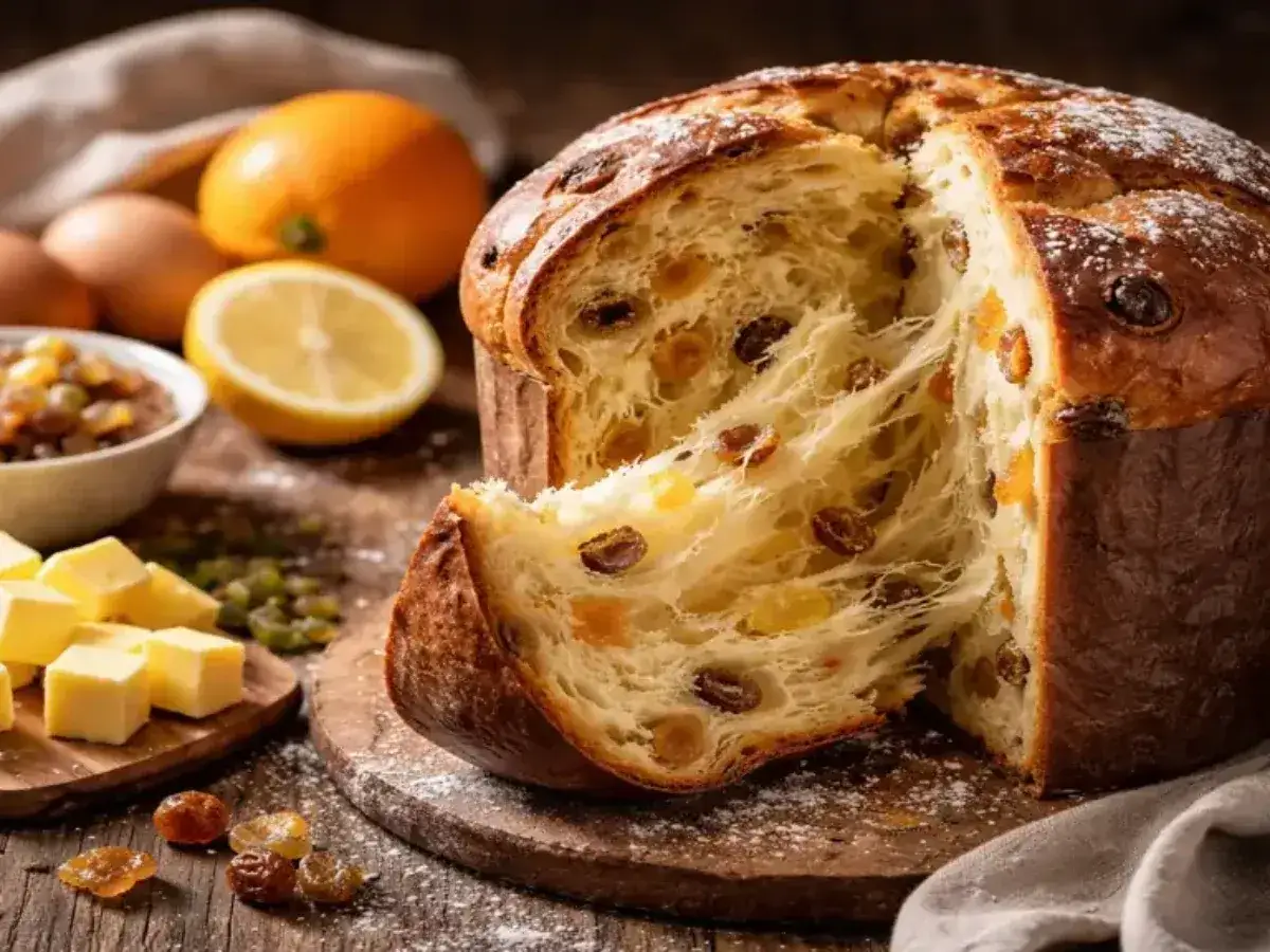 Un panettone italien artisanal, moelleux et doré, garni de fruits confits. La recette parfaite pour un Noël gourmand.