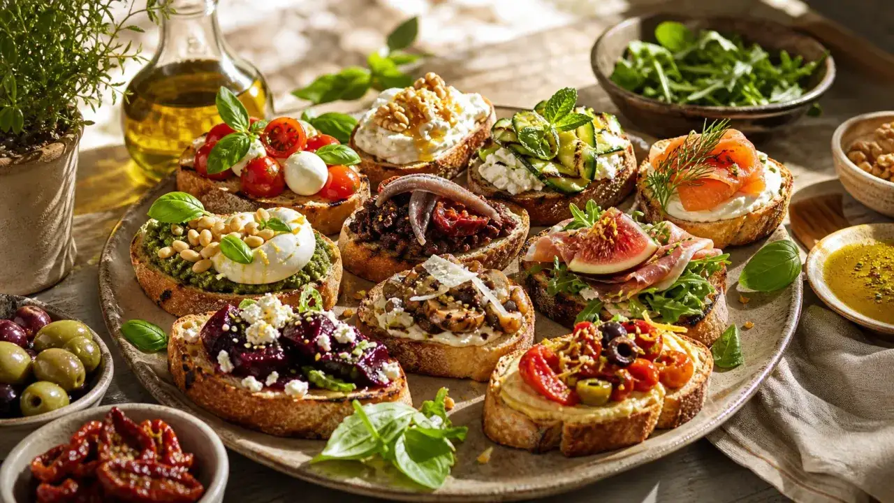 Assortiment de crostini italiens variés : tomates, mozzarella, pesto, saumon fumé, figues, anchois, champignons, betteraves. Un délice !