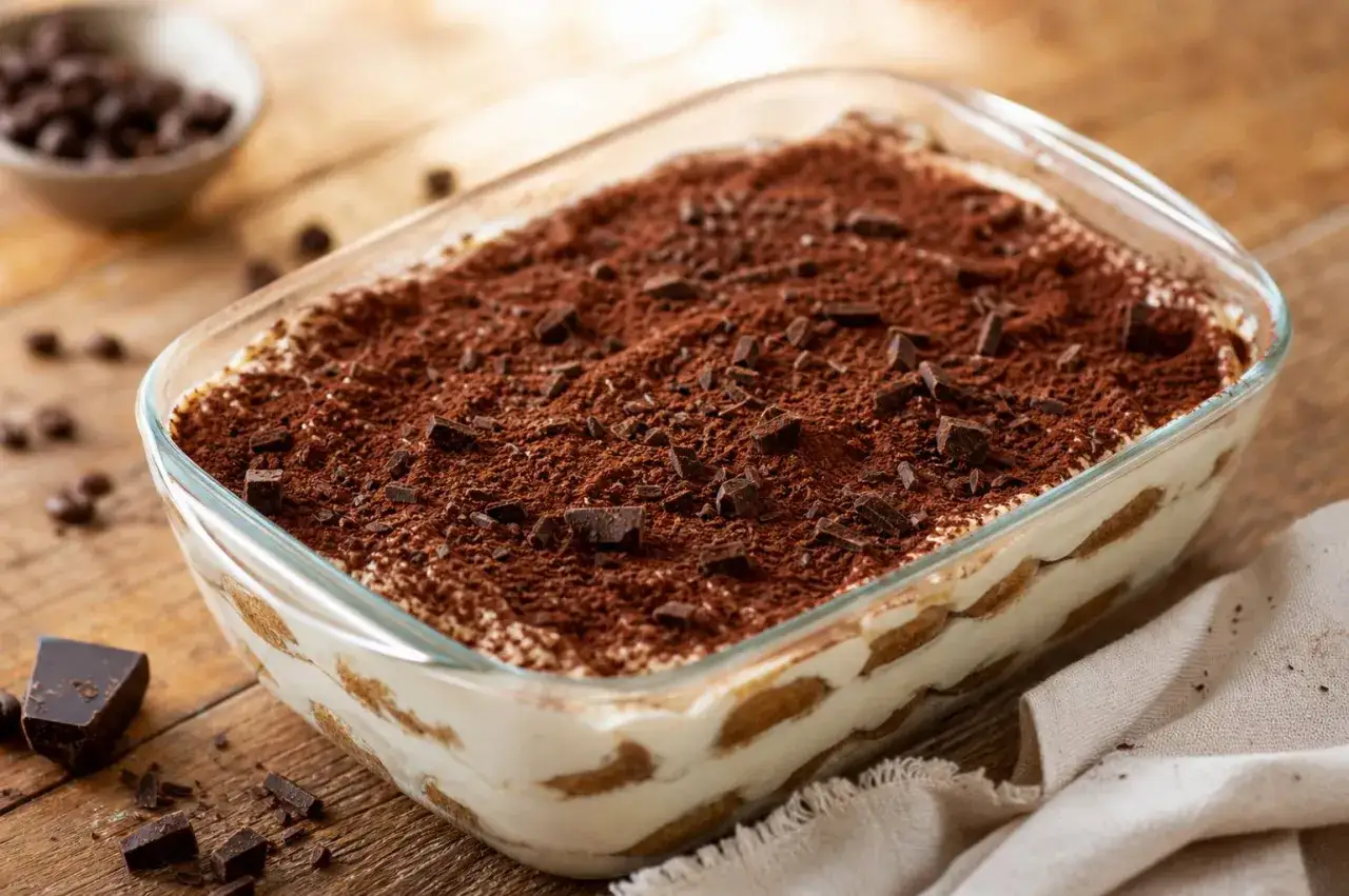 Un d&eacute;licieux tiramisu dans un plat en verre, saupoudr&eacute; de cacao et de copeaux de chocolat. Une traduction parfaite de la gourmandise italienne.