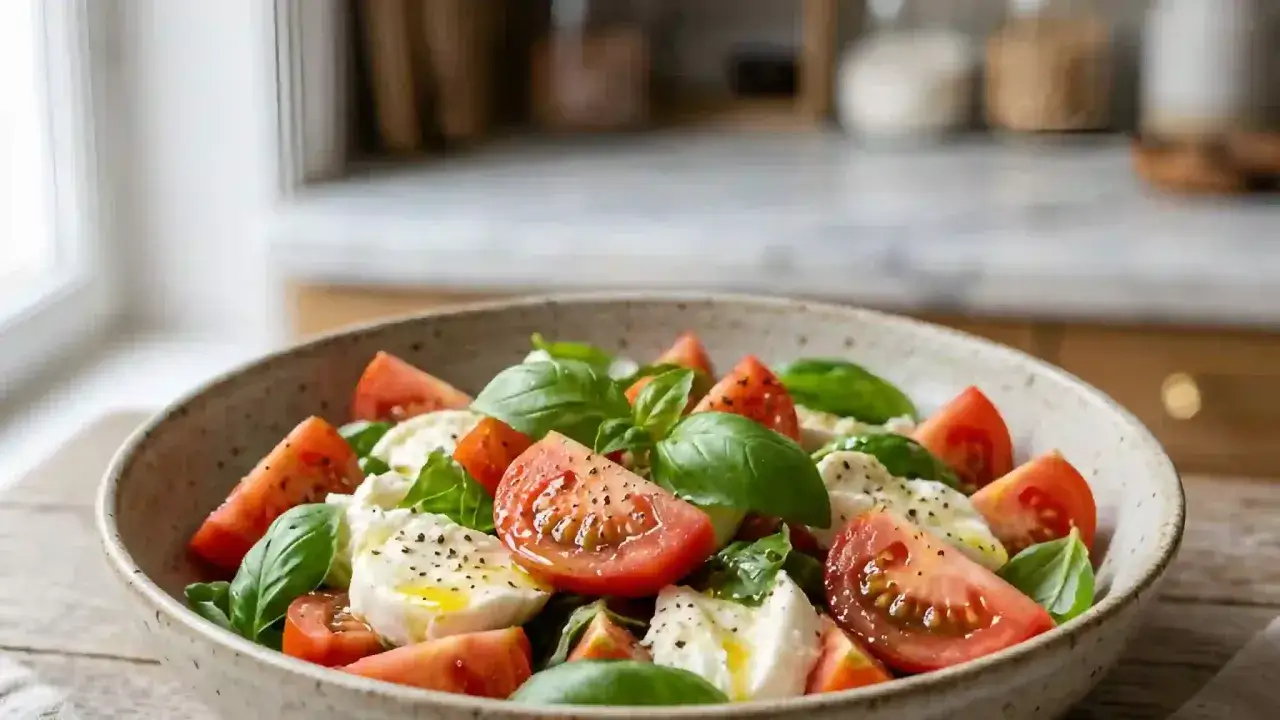 Salade mozzarella fraîchement préparée, avec des tomates juteuses, du basilic parfumé et un filet d'huile d'olive. Un délice estival.