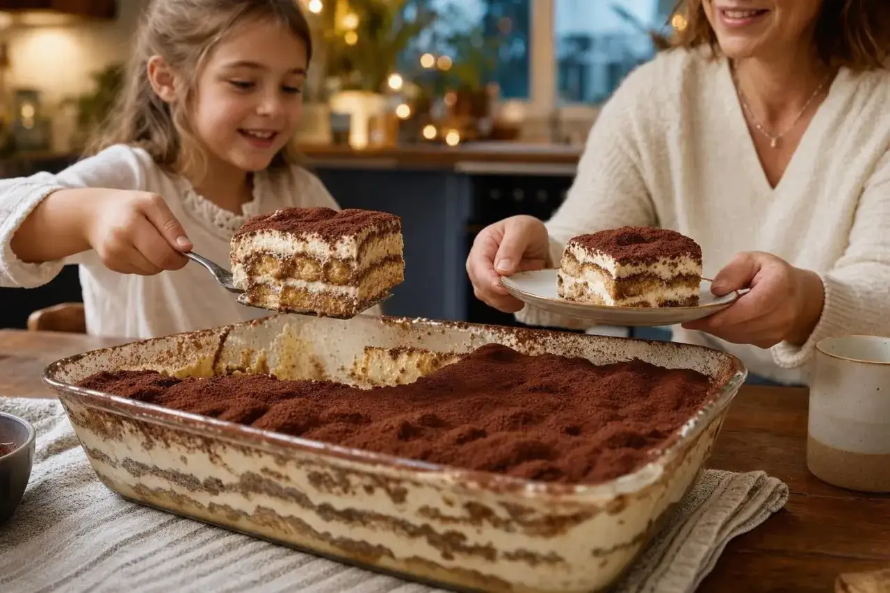 Une fillette et une femme servent des parts d'un délicieux tiramisu chocolat, saupoudré de cacao, dans une cuisine chaleureuse.