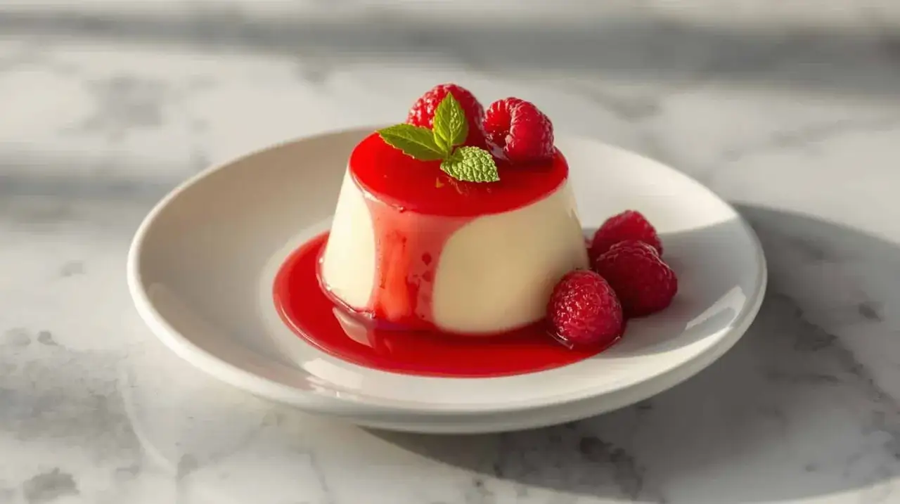 D&eacute;licieuse panna cotta italienne, napp&eacute;e de coulis de fruits rouges et garnie de framboises fra&icirc;ches. Une vraie recette gourmande.
