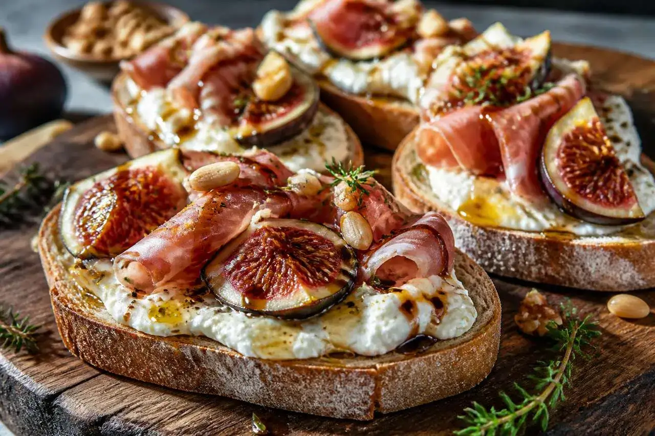 Bruschettas gourmandes avec fromage frais, figues, amandes et fines tranches de speck italien, arros&eacute;es d'une touche de balsamique.