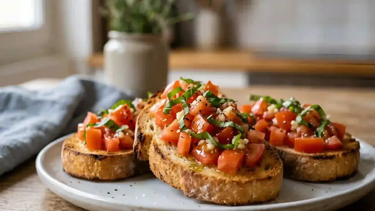 Trois tranches de pain bruschetta garnies de tomates fra&icirc;ches, d'ail et de basilic, arros&eacute;es d'huile d'olive.