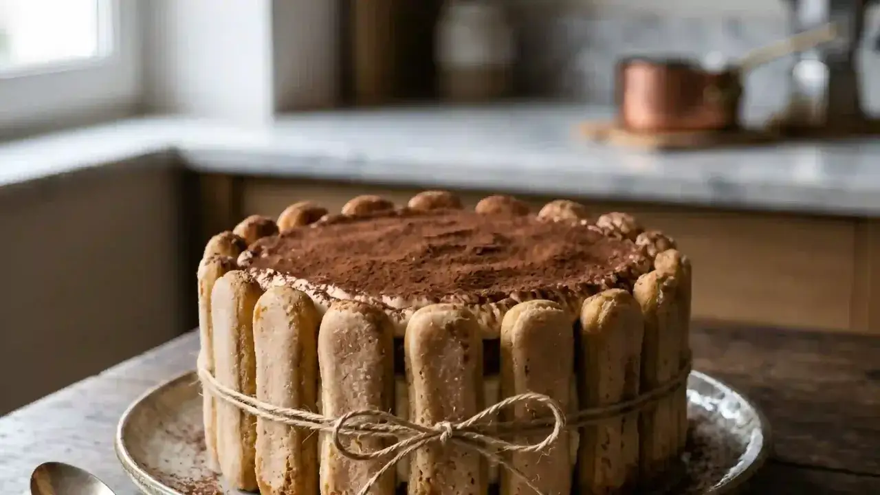 Charlotte tiramisu, un gâteau rond décoré de biscuits à la cuillère et saupoudré de cacao. Un délice pour les yeux et les papilles !