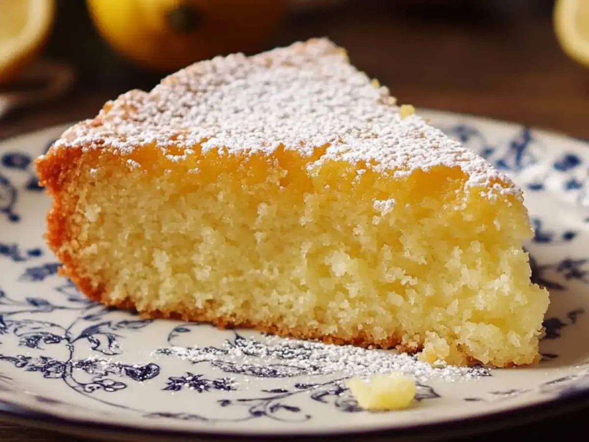 Tranche de fondant citron mascarpone, saupoudrée de sucre glace, sur une assiette ornée. Un délice acidulé et crémeux.
