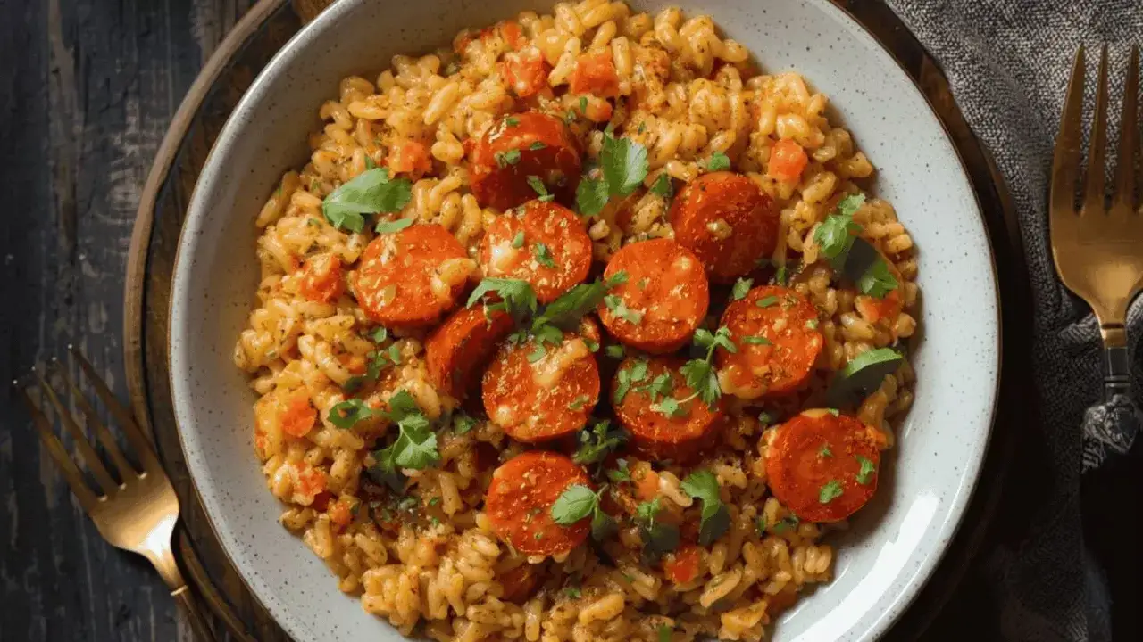 Un d&eacute;licieux risotto chorizo, garni de persil frais, pr&ecirc;t &agrave; &ecirc;tre d&eacute;gust&eacute;.