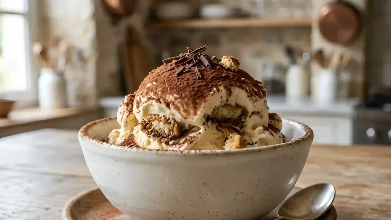 Un d&eacute;liceux tiramisu avec un glacage mascarpone onctueux, saupoudr&eacute; de cacao et de copeaux de chocolat.