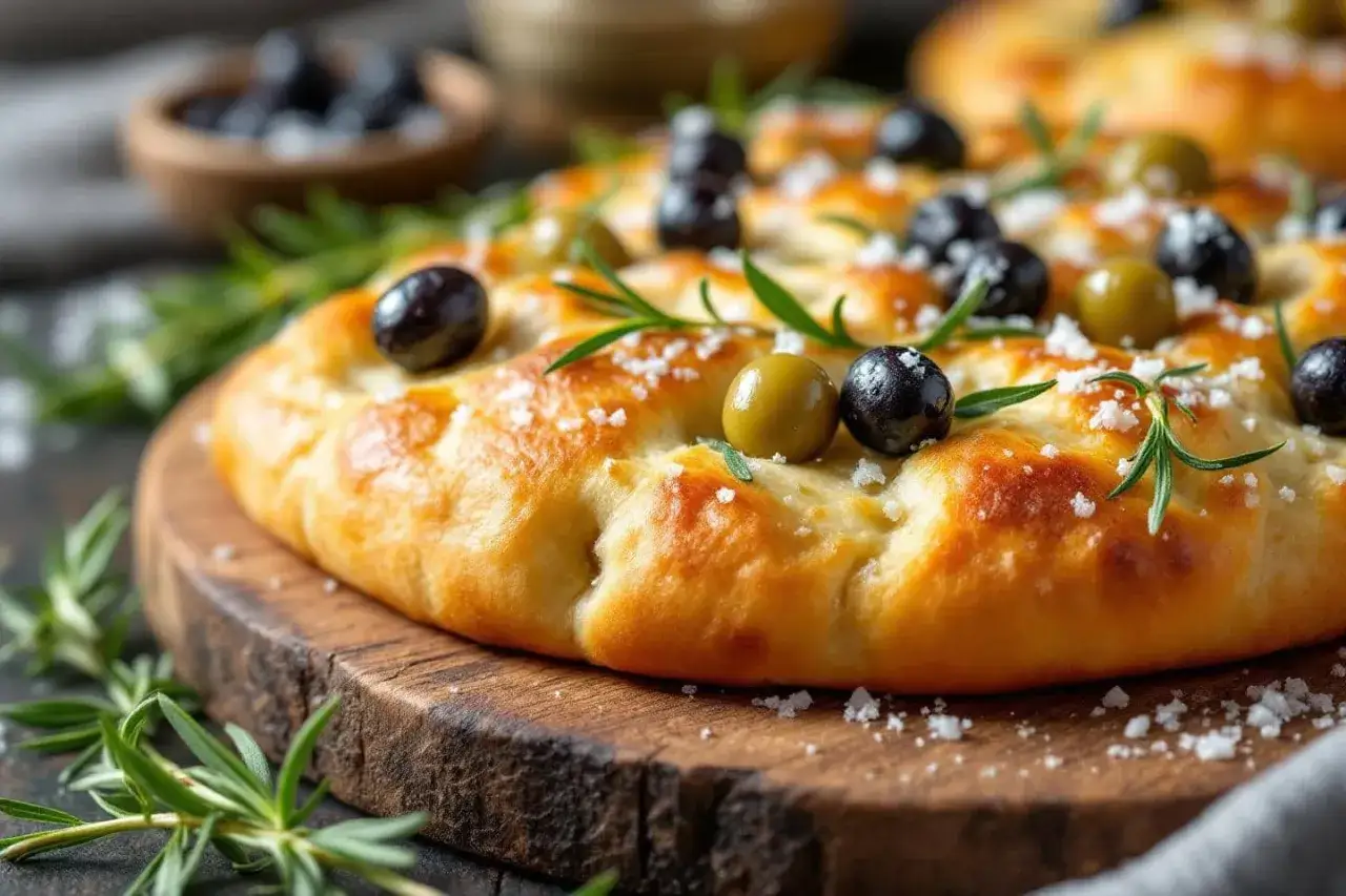 Une focaccia dor&eacute;e, garnie d'olives noires et vertes, de romarin frais et de gros sel. Parfaite pour une recette facile.