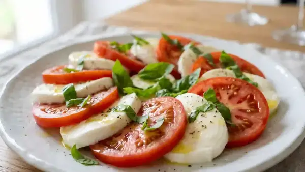 Salade Caprese fraîche avec des tranches de tomates rouges, de mozzarella crémeuse et des feuilles de basilic vert, arrosée d'huile d'olive.