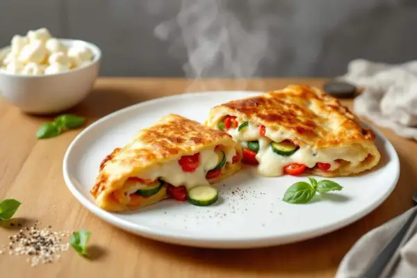Délicieux pizza calzone aux légumes et fromage fondant, fumant sur une assiette blanche.