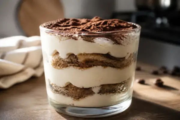 Un tiramisu en verrine, joliment stratifié, avec une crème mascarpone onctueuse. Parfait pour récupérer une crème mascarpone trop liquide et la transformer en délice !