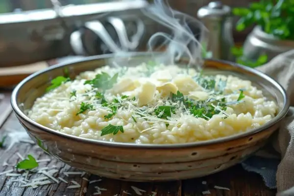 Un délicieux risotto crémeux, garni de parmesan et de persil frais, dégageant une vapeur invitante. On peut réchauffer un risotto pour un repas réconfortant.
